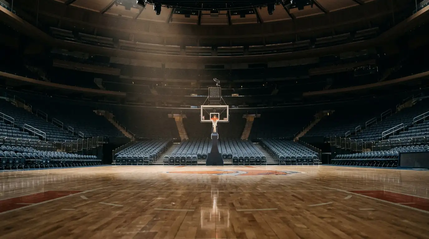 Empty NBA arena seats viewed from courtside symbolising the integrity reforms following the 2025 prop betting scandal