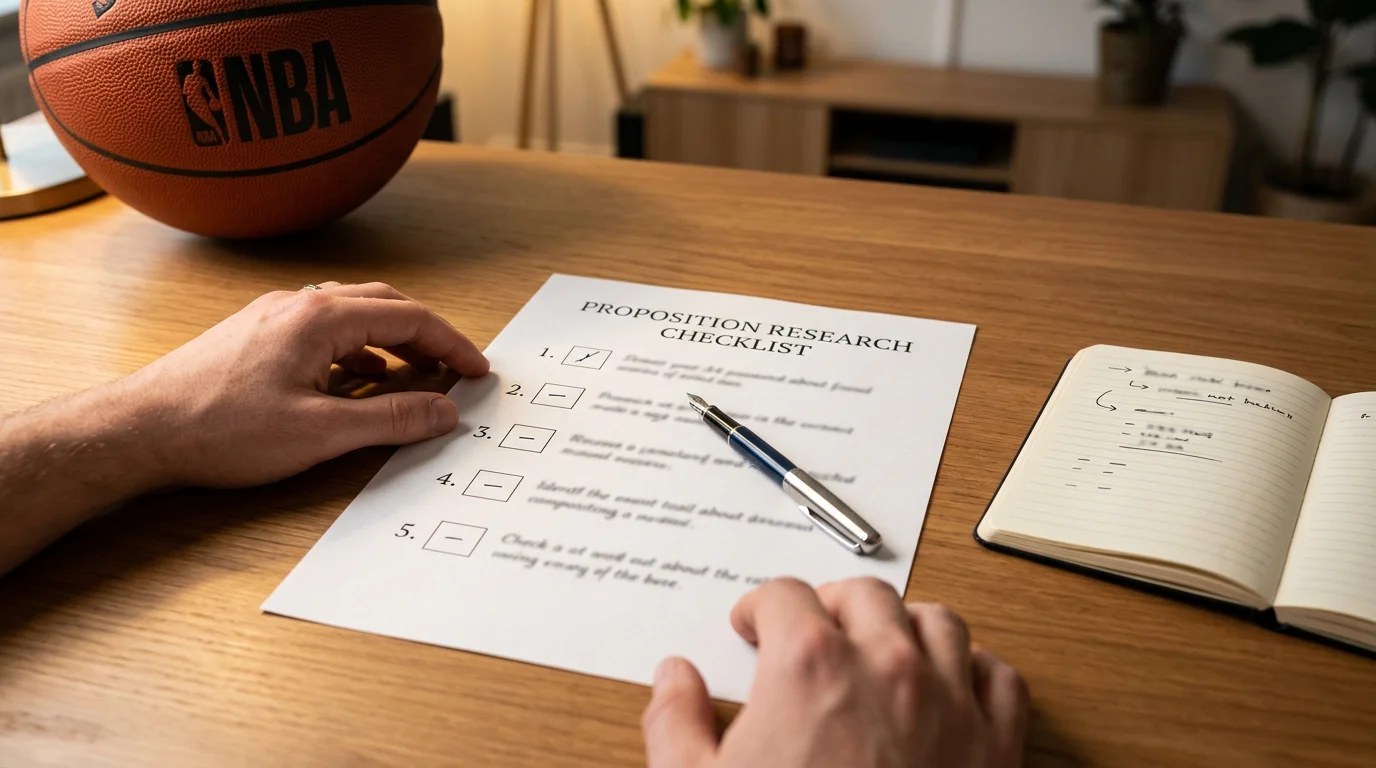 Sports analyst working through a five-factor checklist for NBA player prop research with notes on minutes, usage rate, pace and matchups
